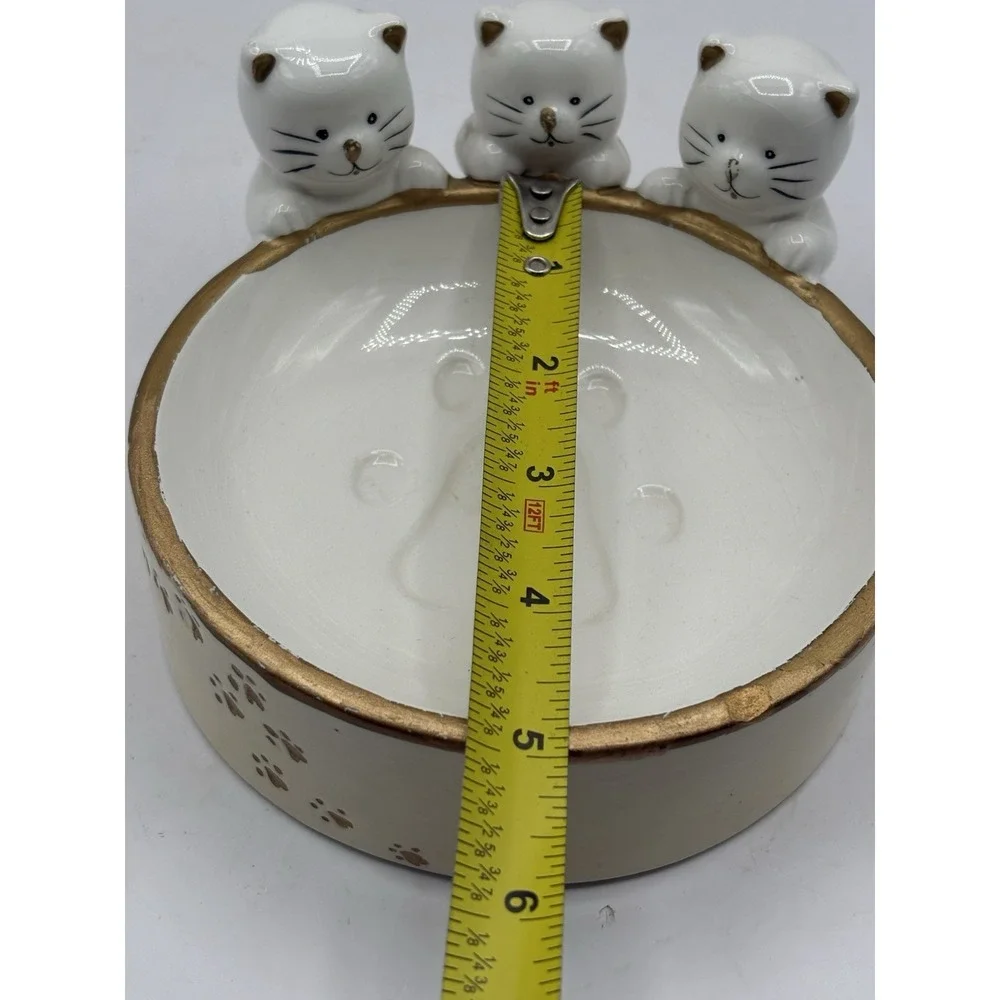 Vintage White & Gold Ceramic Cat Dish Paws on dish With Three Kittens 1998